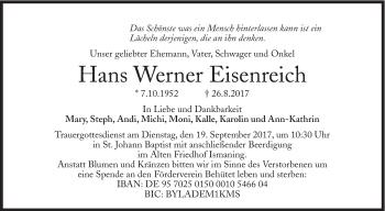 Traueranzeige von Hans Werner Eisenreich von Süddeutsche Zeitung