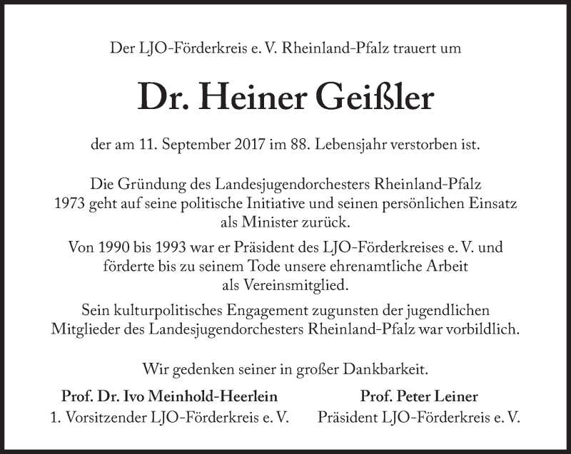  Traueranzeige für Heiner Geißler vom 16.09.2017 aus Süddeutsche Zeitung