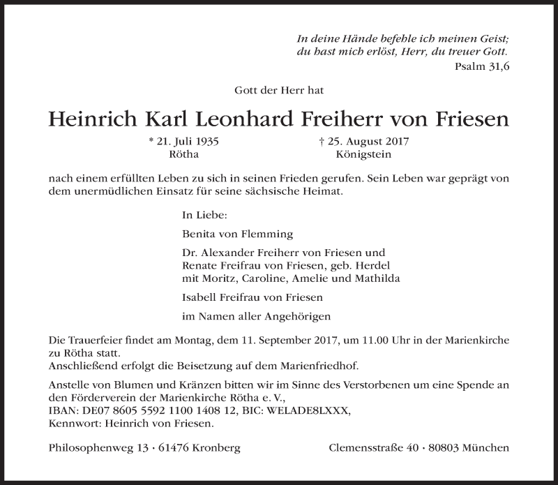 Traueranzeige für Heinrich Karl Leonhard Freiherr von Friesen vom 02.09.2017 aus Süddeutsche Zeitung