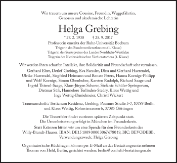 Traueranzeige von Helga Grebing von Süddeutsche Zeitung