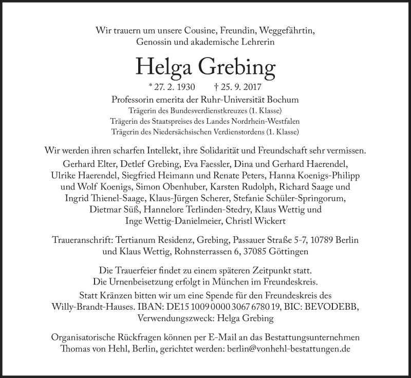  Traueranzeige für Helga Grebing vom 30.09.2017 aus Süddeutsche Zeitung