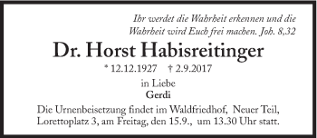 Traueranzeige von Horst Habisreitinger von Süddeutsche Zeitung