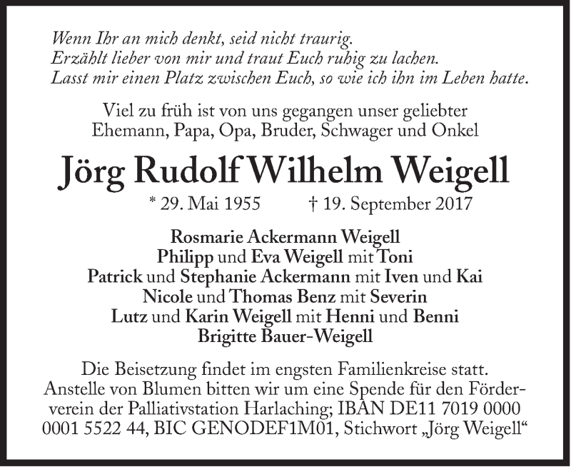  Traueranzeige für Jörg Rudolf Wilhelm Weigell vom 23.09.2017 aus Süddeutsche Zeitung