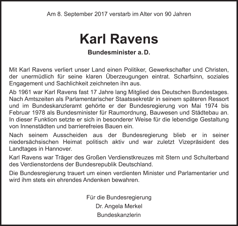  Traueranzeige für Karl Ravens vom 18.09.2017 aus Süddeutsche Zeitung