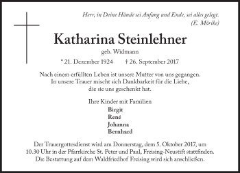 Traueranzeige von Katharina Steinlehner von Süddeutsche Zeitung