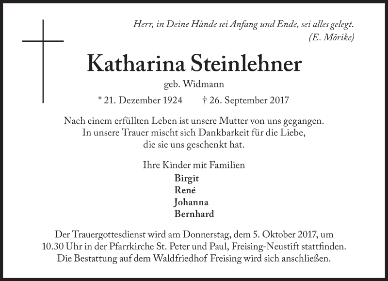  Traueranzeige für Katharina Steinlehner vom 30.09.2017 aus Süddeutsche Zeitung