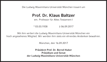 Traueranzeige von Klaus Baltzer von Süddeutsche Zeitung