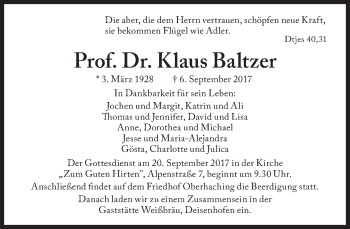 Traueranzeige von Klaus Baltzer von Süddeutsche Zeitung