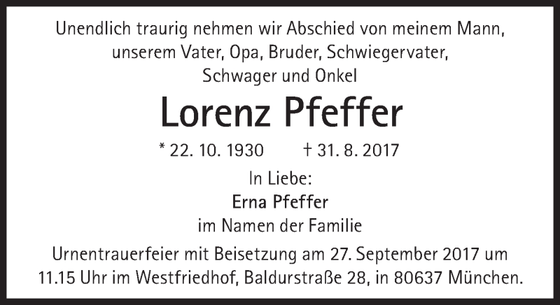  Traueranzeige für Lorenz Pfeffer vom 09.09.2017 aus Süddeutsche Zeitung