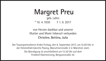 Traueranzeige von Margret Preu von Süddeutsche Zeitung