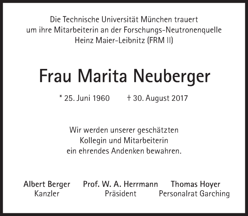  Traueranzeige für Marita Neuberger vom 09.09.2017 aus Süddeutsche Zeitung
