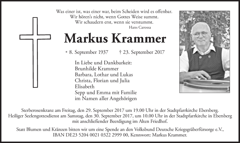  Traueranzeige für Markus Krammer vom 27.09.2017 aus Süddeutsche Zeitung