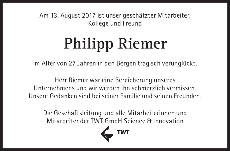  Traueranzeige für Philipp Riemer vom 02.09.2017 aus Süddeutsche Zeitung