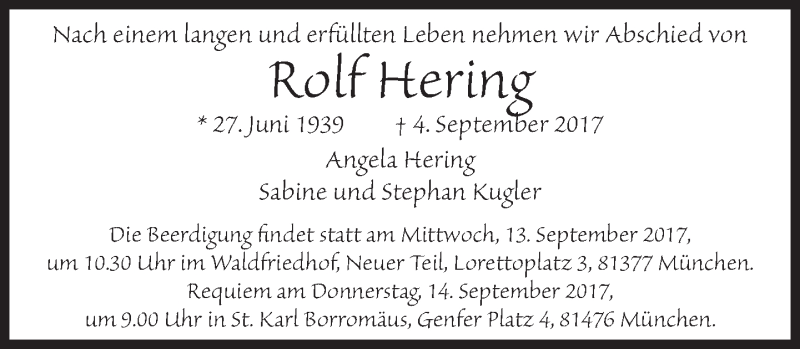  Traueranzeige für Rolf Hering vom 09.09.2017 aus Süddeutsche Zeitung