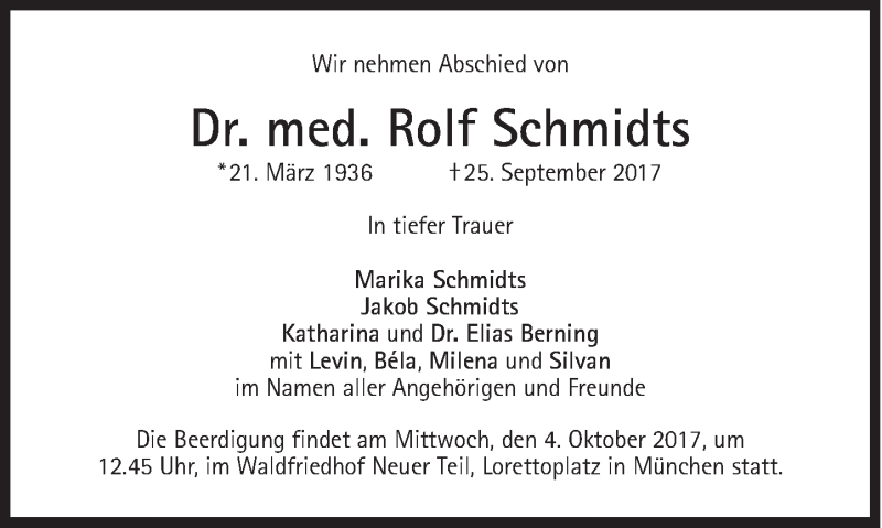  Traueranzeige für Rolf Schmidts vom 30.09.2017 aus Süddeutsche Zeitung