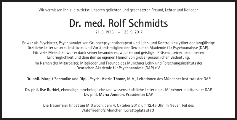  Traueranzeige für Rolf Schmidts vom 30.09.2017 aus Süddeutsche Zeitung