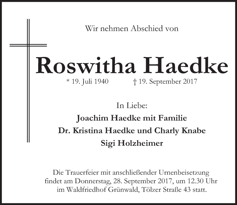  Traueranzeige für Roswitha Haedke vom 23.09.2017 aus Süddeutsche Zeitung