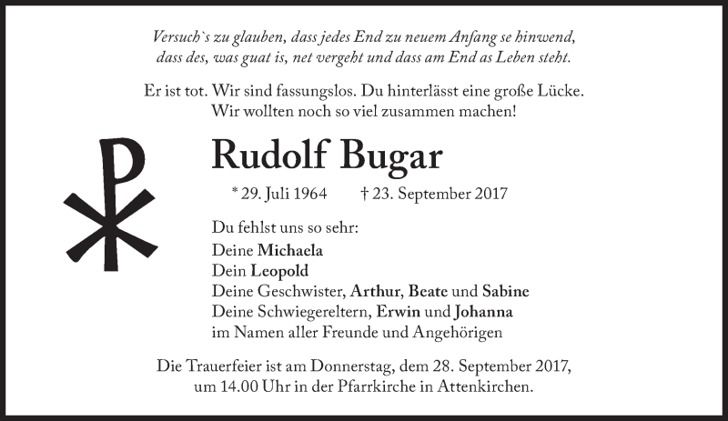  Traueranzeige für Rudolf Bugar vom 27.09.2017 aus Süddeutsche Zeitung