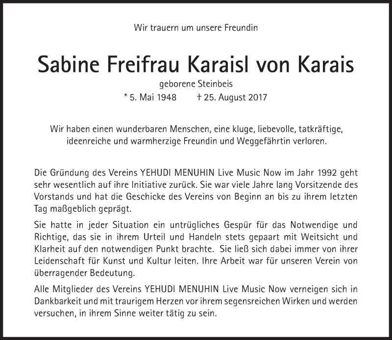  Traueranzeige für Sabine Freifrau Karaisl von Karais vom 02.09.2017 aus Süddeutsche Zeitung