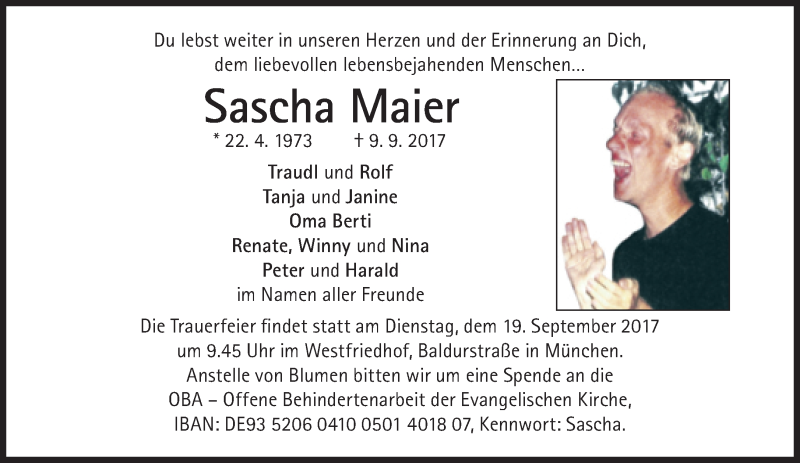  Traueranzeige für Sascha Maier vom 16.09.2017 aus Süddeutsche Zeitung