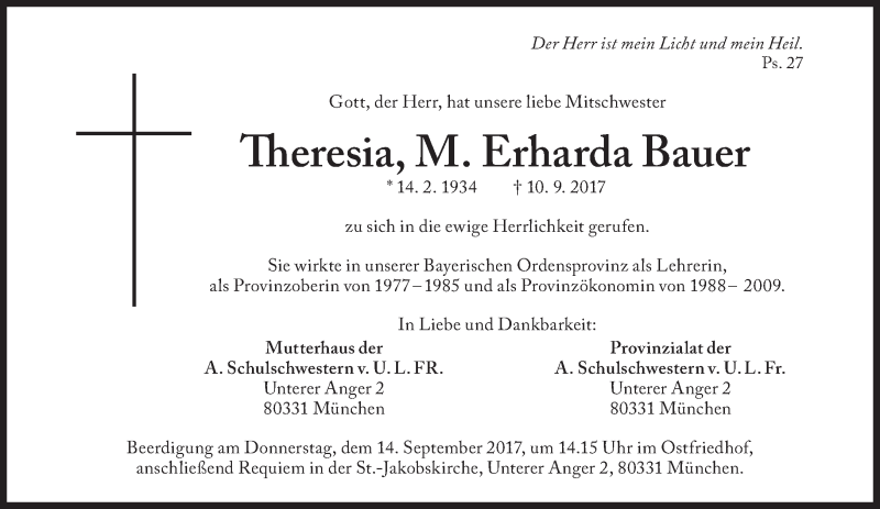  Traueranzeige für Theresia, M. Erharda Bauer vom 12.09.2017 aus Süddeutsche Zeitung