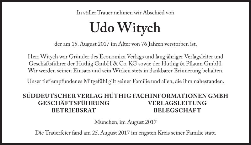  Traueranzeige für Udo Witych vom 06.09.2017 aus Süddeutsche Zeitung