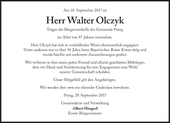 Traueranzeige von Walter Olczyk von Süddeutsche Zeitung