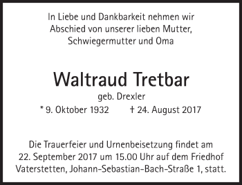 Traueranzeige von Waltraud Tretbar von Süddeutsche Zeitung