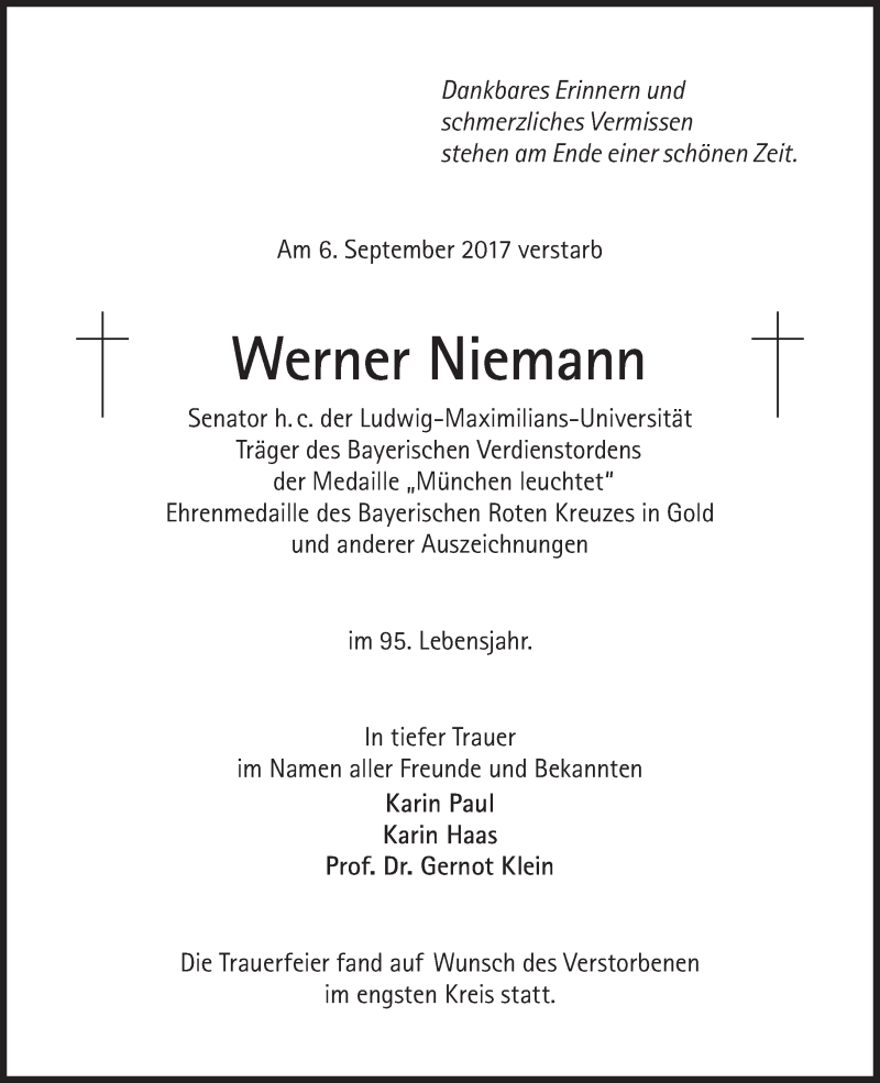  Traueranzeige für Werner Niemann vom 16.09.2017 aus Süddeutsche Zeitung