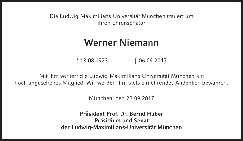  Traueranzeige für Werner Niemann vom 23.09.2017 aus Süddeutsche Zeitung