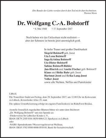 Traueranzeige von Wolfgang Bolstorff von Süddeutsche Zeitung