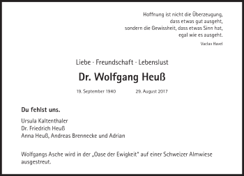 Traueranzeige von Wolfgang Heuß von Süddeutsche Zeitung