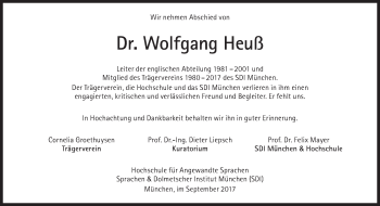 Traueranzeige von Wolfgang Heuß von Süddeutsche Zeitung