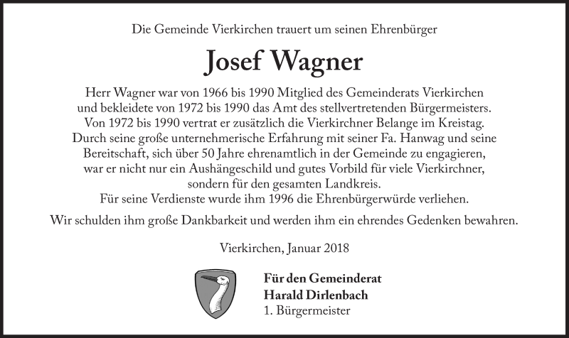  Traueranzeige für Josef Wagner vom 29.01.2018 aus Süddeutsche Zeitung 