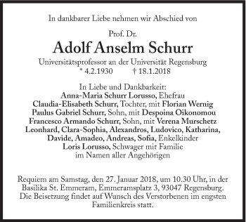 Traueranzeige von Adolf Anselm Schurr von Süddeutsche Zeitung