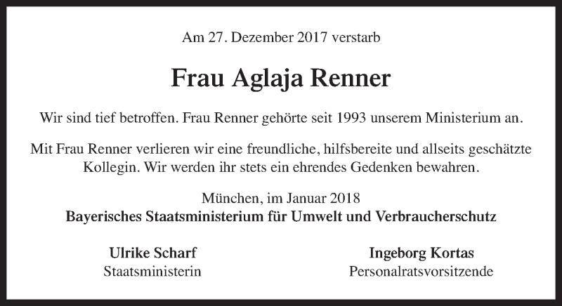  Traueranzeige für Aglaja Renner vom 05.01.2018 aus Süddeutsche Zeitung