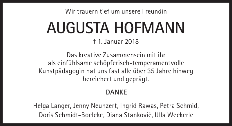  Traueranzeige für Augusta Hofmann vom 20.01.2018 aus Süddeutsche Zeitung