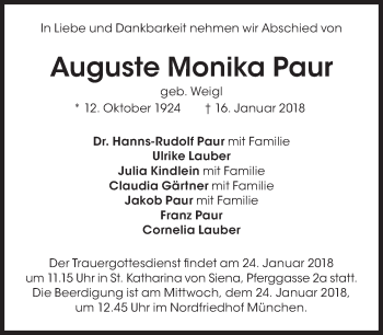 Traueranzeige von Auguste Monika Paur von Süddeutsche Zeitung