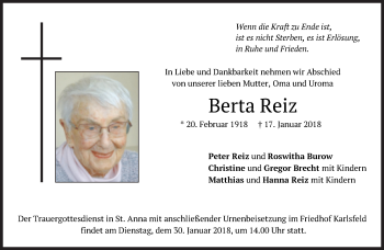 Traueranzeige von Berta Reiz von Süddeutsche Zeitung