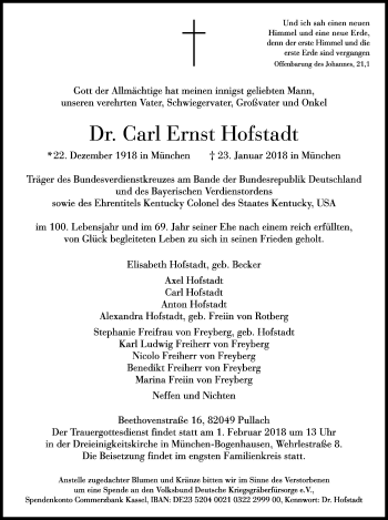Traueranzeige von Carl Ernst Hofstadt von Süddeutsche Zeitung