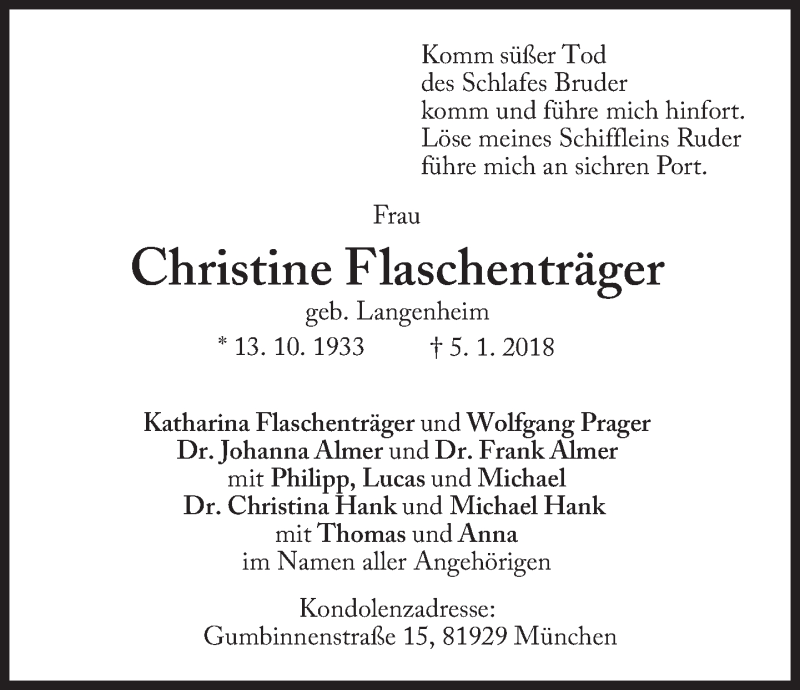  Traueranzeige für Christine Flaschenträger vom 08.01.2018 aus Süddeutsche Zeitung