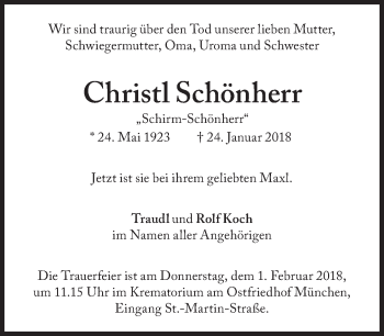 Traueranzeige von Christl Schönherr von Süddeutsche Zeitung