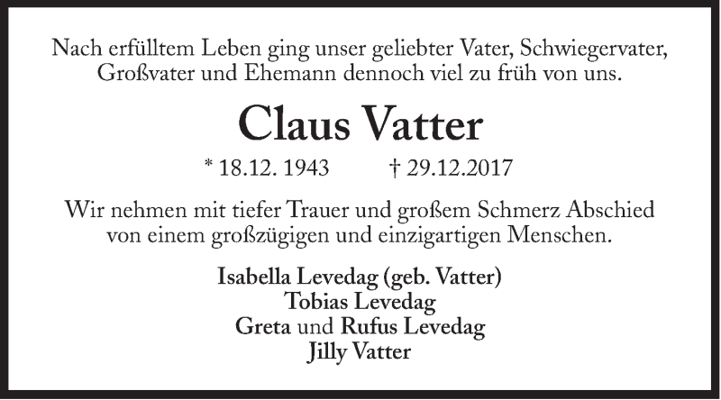  Traueranzeige für Claus Vatter vom 05.01.2018 aus Süddeutsche Zeitung