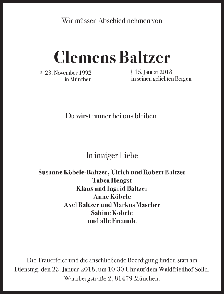  Traueranzeige für Clemens Baltzer vom 20.01.2018 aus Süddeutsche Zeitung