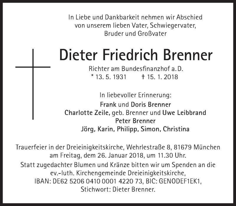  Traueranzeige für Dieter Friedrich Brenner vom 20.01.2018 aus Süddeutsche Zeitung