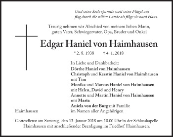 Traueranzeige von Edgar  Haniel von Haimhausen von Süddeutsche Zeitung