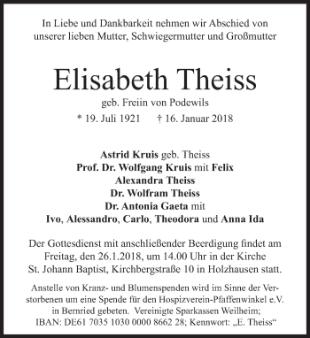Traueranzeige von Elisabeth Theiss von Süddeutsche Zeitung