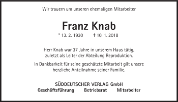 Traueranzeige von Franz Knab von Süddeutsche Zeitung