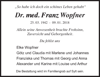 Traueranzeige von Franz Wopfner von Süddeutsche Zeitung
