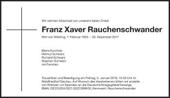 Traueranzeige von Franz Xaver Rauchenschwander von Süddeutsche Zeitung